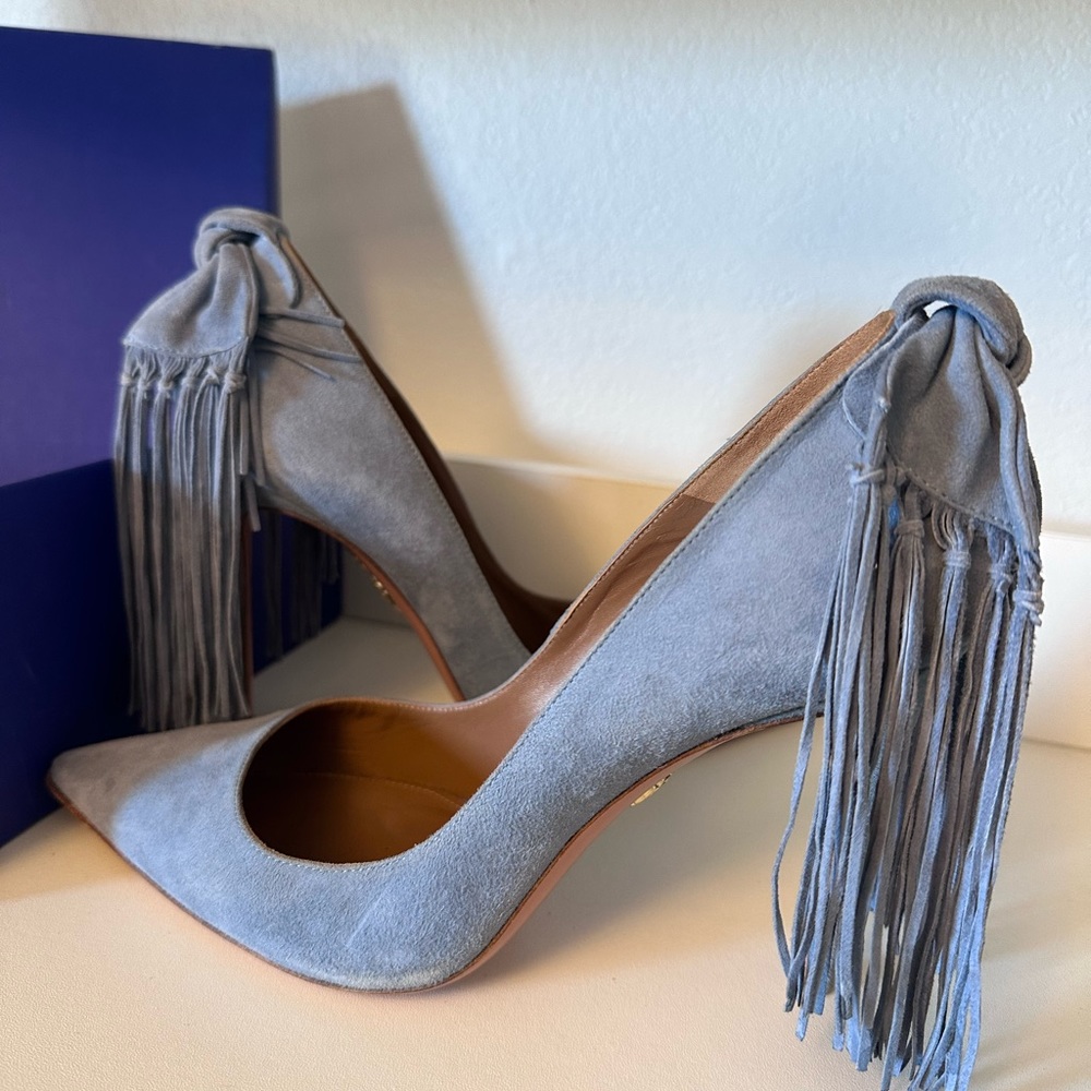 Gorgeous Aquazzura Blue Suede Bow Fringe Pumps